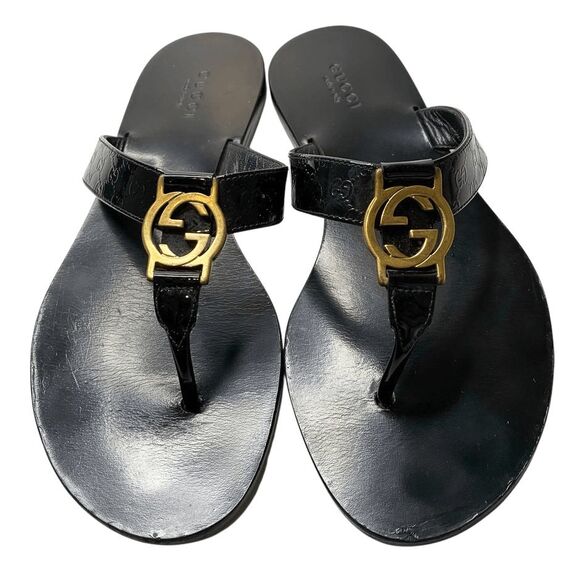 Gucci Microguccissima Patent Leather Interlocking GG Thong Sandals EU 36.5 Black - Picture 2 of 11